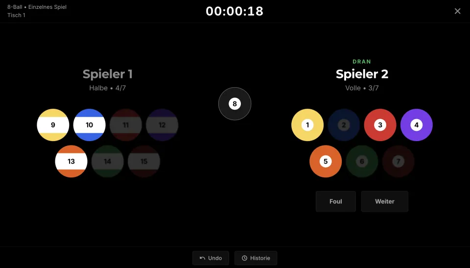 BilliardOS – 8-Ball Spiel-Modus mit Revanche-Button